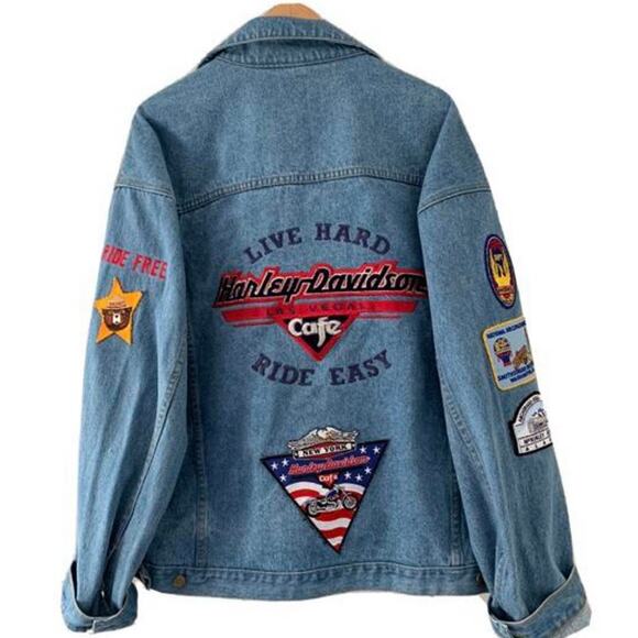 Harley Davidson Oversized Trucker Jacket With Patches Boho Chic Coastal Cowgirl - Picture 3 of 6